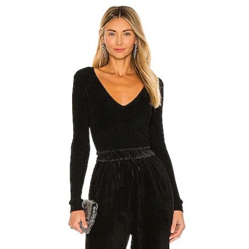 Ronny Kobo Talma Chenille Bodysuit Women's Medium Black V Neck Ribbed Knit Luxe